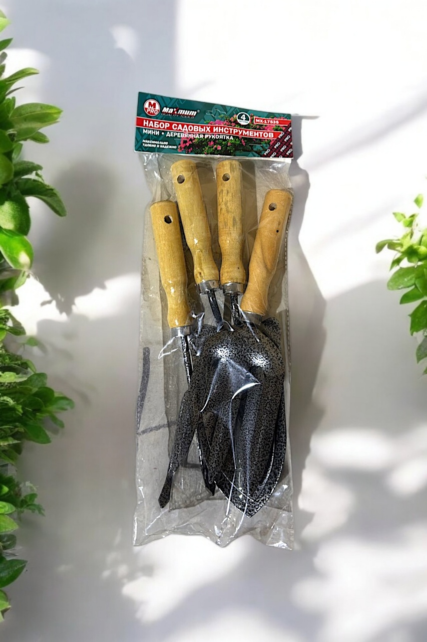 набор садовых инструментов 4шт., мини, деревянная рукоятка, "maximum" mx 17535 оптом